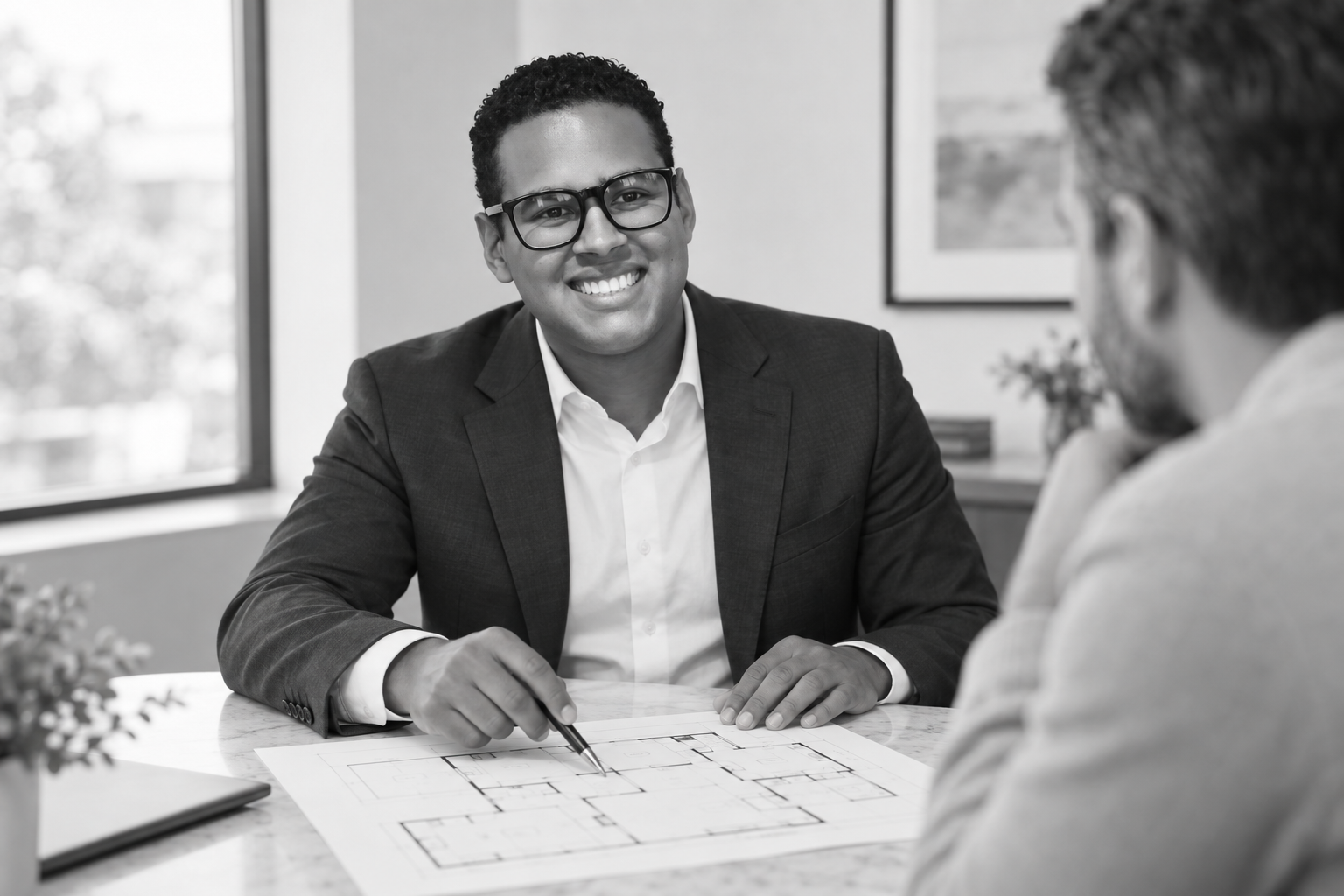 William discussing property plans with a fictional client, AI-generated demonstration image